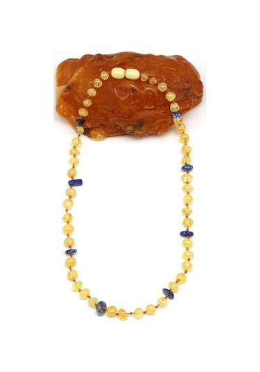 Damla Kehribar - Lapis Lazuli Doğal Taş Bebek Diş Kolye - 33 Cm