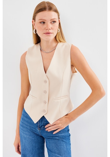 Bigdart 6796 Kısa Dokuma Yelek - Krem 001