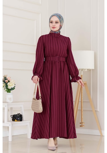 Kolu Volanlı Kemerli Henna Elbise-bordo-5053 Bordo