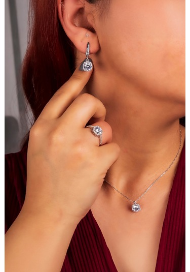 925 Ayar Gümüş Rodyumlu Beyaz Zirkon Taşlı Bayan Takı Seti -8229 Gümüş