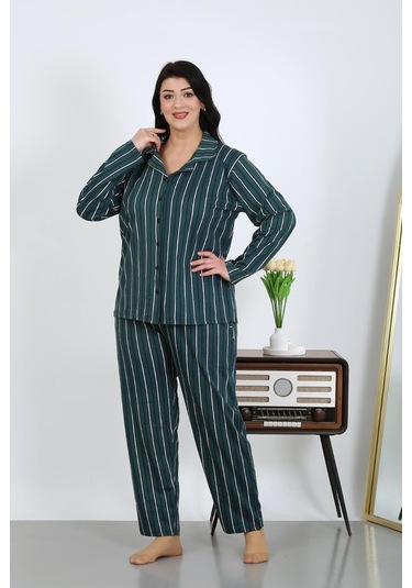 Akbeniz Kadın Büyük Beden Pamuklu Cepli Düğmeli Petrol Pijama Takım 202504 Petrol