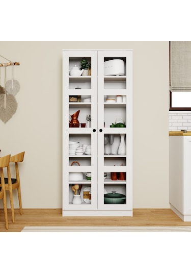Lucas Cam Kapaklı Vitrin - Büfe - Kitaplık Ve Çok Amaçlı Dolap Ayarlanabilir Raf Beyaz