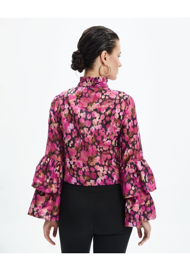 Volan Kollu Metalik Desenli Transparan Gömlek Işıltılı Ve Sofistike Stil Fuşya