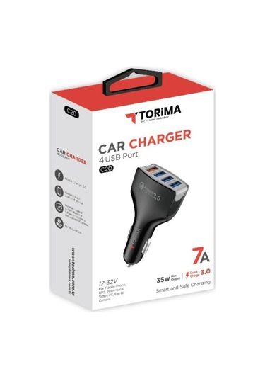 Torima C20 4 Port Araç Hızlı Şarj 3.0 Çift Usb Adaptörü Siyah