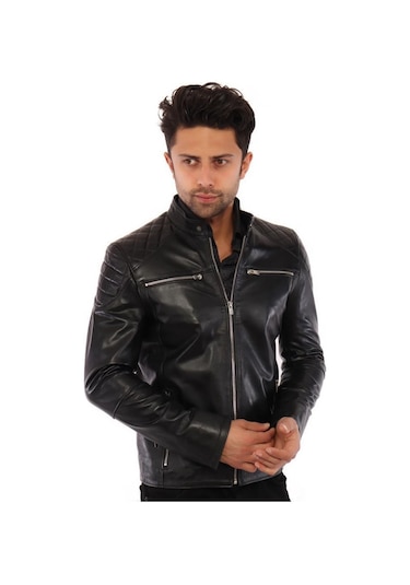 Hakiki Deri Siyah Erkek Deri Mont Omuz Baklava Desenli Koldan Fermuar Detaylı Dört Cepli Deri Ceket Siyah
