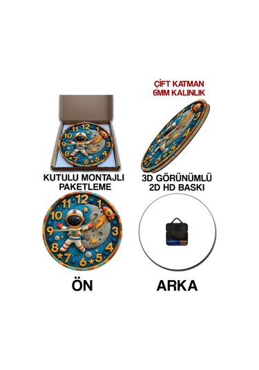 Astronot Ve Ay Temalı Mdf Çocuk Duvar Saati 3d Görünümlü, 2d Hd Baskı, Sessiz Mekanizma Sdw239 Renkli