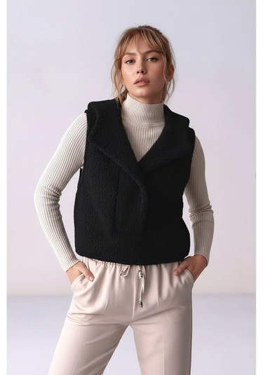 Kadın Önü Çıtçıtlı Kapüşonlu Yan Cepli Tasarım Yaka Spor Şık Crop Peluş Yelek Mavi