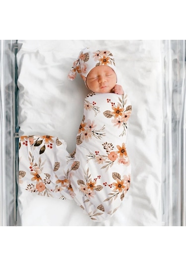 Sones Yeni Doğan Bebek Üç Parçalı Kundak Atkı Şapka Kafa Bandı Çiçek-4 Çok Renkli