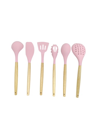 Ivory Doğal Bambu Saplı %100 Silikon Mutfak Seti 6 Parça Pembe Pembe