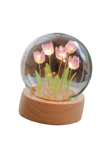 Shineyee Purple Tulip Mini Led Night Light - Dıy Wooden Glass Flower Shape, Soft Lighting, Bedroom Decoration, Creative Gift Set With Built-in Battery Mor
