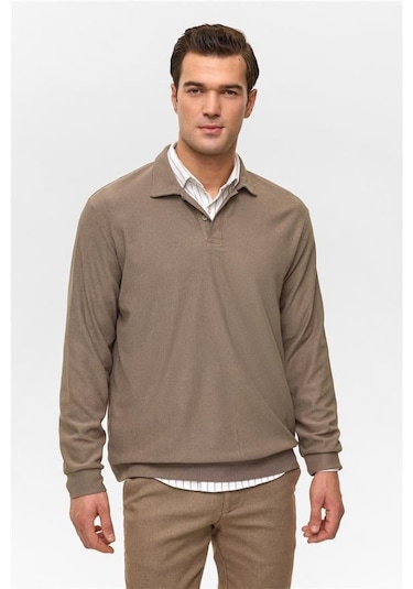 Süvari Açık Kahve Regular Düz Polo Yaka Sweatshirt Açık Kahve