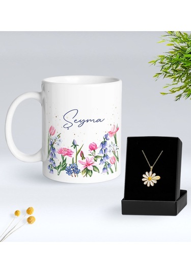 Bk Gift Kişiye Özel İsimli Çiçek Tasarımlı Beyaz Kupa Ve Papatya Kolye Hediye Seti - 2, Sevgiliye Hediye, Anneye Hediye, Arkadaşa Hediye Kobitmeyencom