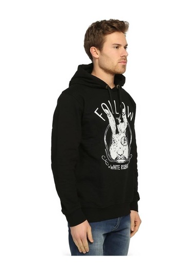 Bant Giyim - White Rabbit Siyah Kapüşonlu Erkek Sweatshirt