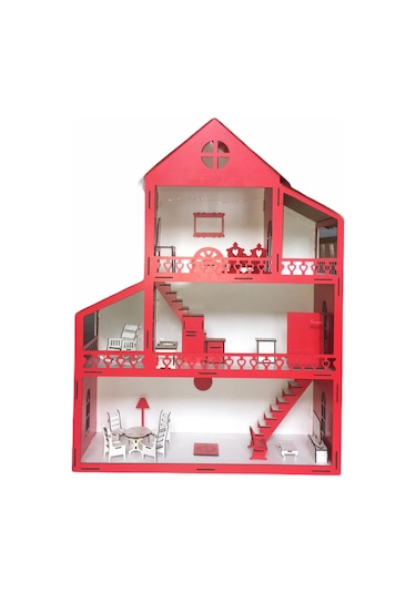 Ahşap Oyun Evi 60Cm 14 Eşya Kırmızı