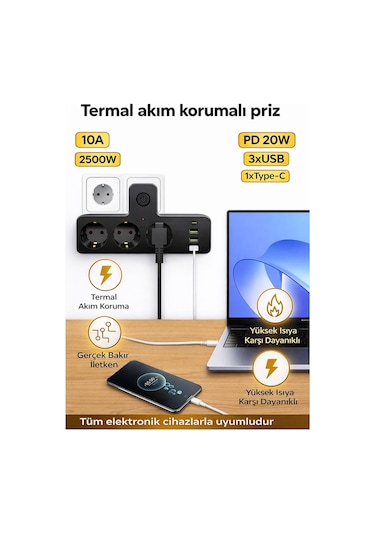Termal Akım Korumalı 3 Priz / 3 Usb / 1 Typec 20w Girişli 2500w Duvar Tipi 3 Lü Priz