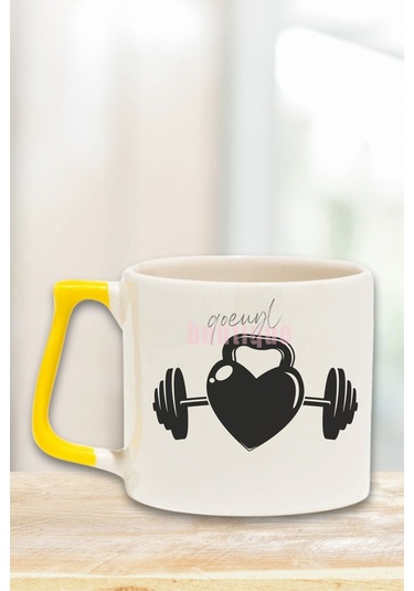 Love Barbell Baskılı Gym Spor Ağırlık Kaldırma Tutkusu Hediyelik Kulplu Kupa Bardak Sarı