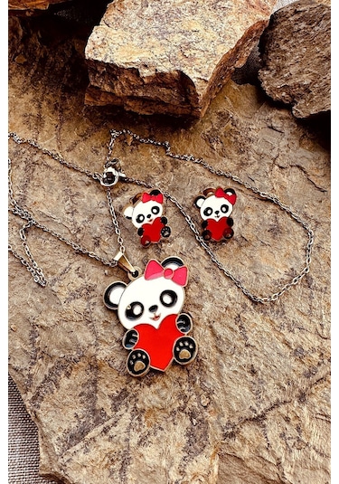 Kalpli Panda Model Mineli Gold Altın Renk Paslanmaz Çelik Kolye Küpe Set