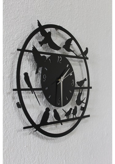 Kuş Figürlü Duvar Saati - 40 Cm Siyah Renk Sessiz Mekanizma Metal Siyah