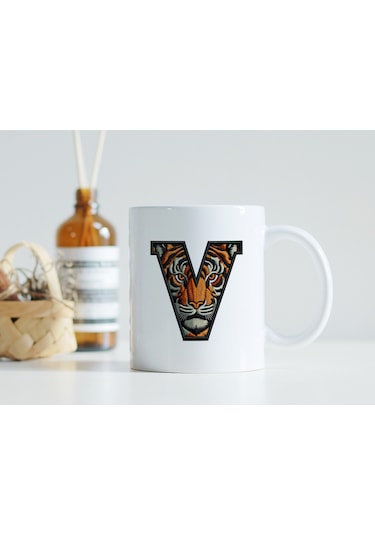 V Harfi Kaplan Figürlü Nakış Desenli Kupa Bardak - Kişiye Özel Vahşi Hayvan Desenli Kupa - Hediye Beyaz