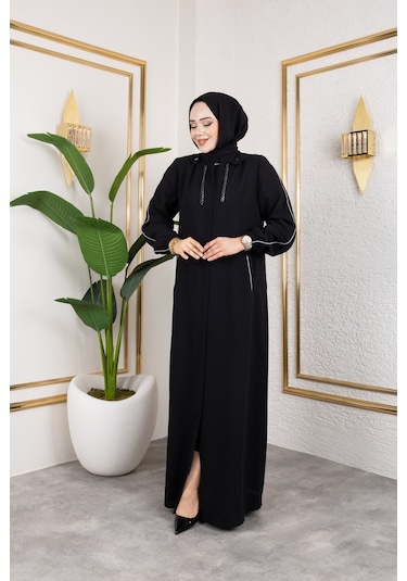 Biyeli Şerit Metal Aksesuar Detaylı Ferace / Siyah - F0144 Siyah