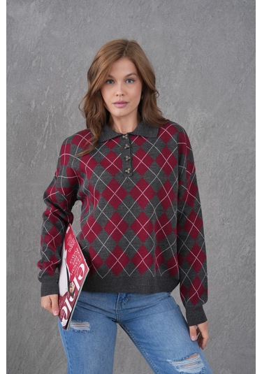 Kadın Polo Yaka Yarım Pat Düğme Detay Desenli Oversize Triko Kazak Antrasit