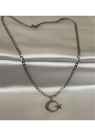 Ay Yıldız Türk Bayrağı Paslanmaz Çelik Kalın Zincirli Kolye 65cm Silver
