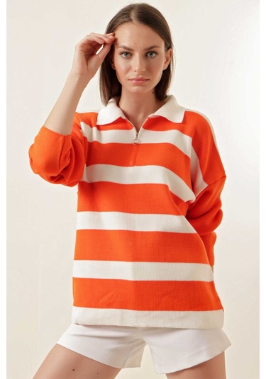 Gabria Fermuarlı Çizgili Kazak Oranj