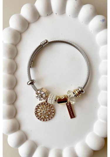 8050 Kalp Sallantılı Çelik Bileklik - Beyaz Çelik