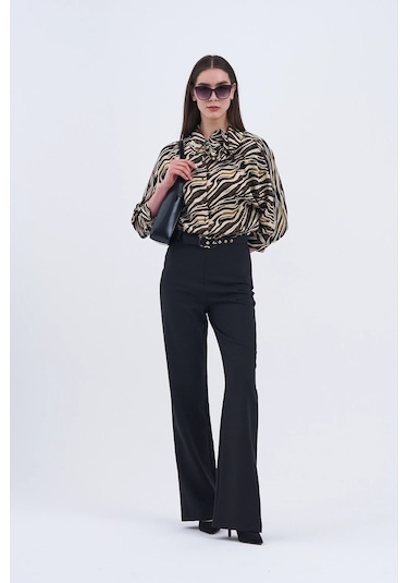 Trend Kadın Yeni İkili Takım Siyah Pantolon Ve Zebra Desenli Bluz Siyah