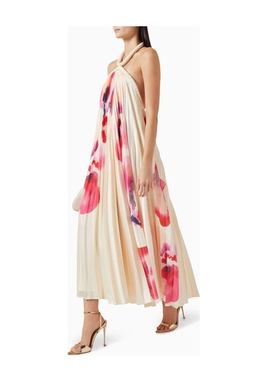 Acler Fixby Şifon Maxi Elbise - Orkide Deseni - %100 Polyester - Halter Yaka Krem