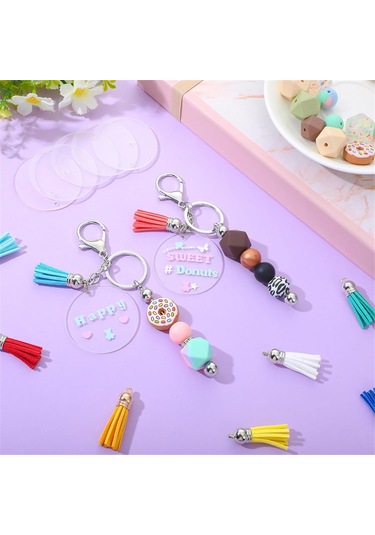 Gatherco Anahtarlık Yapım Seti - Kendin Yap Anahtarlıklar, 10 Boncuklu Anahtarlık Çubuğu, 10 Püskül, 10 Akrilik Boş Parça, Charm Anahtarlık Yapım Seti