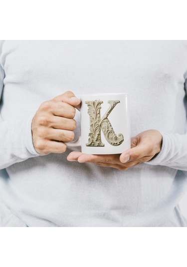 K Harfi Bardak, Monogram 330 Ml Barok Oymalı Görünüm Beyaz