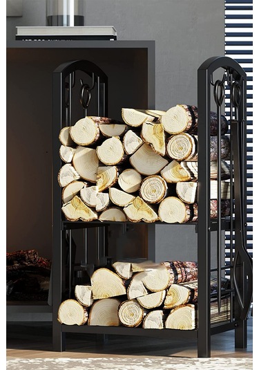 5 Li İthal Metal Oval Odunluk Raflı Şömine - Soba Maşa Takımı Aksesuar Seti