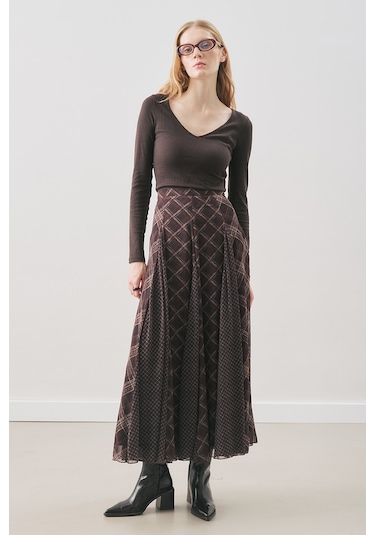 Ekose Desenli Şifon Etek Kahve Aw25etk00011-21 Kahve