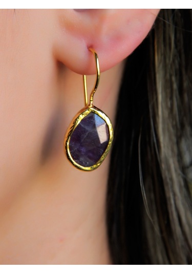 Doğal Taş Ametist Taşı Kadın Doğal Taşlı Küpe Gold Euku3ag Mor