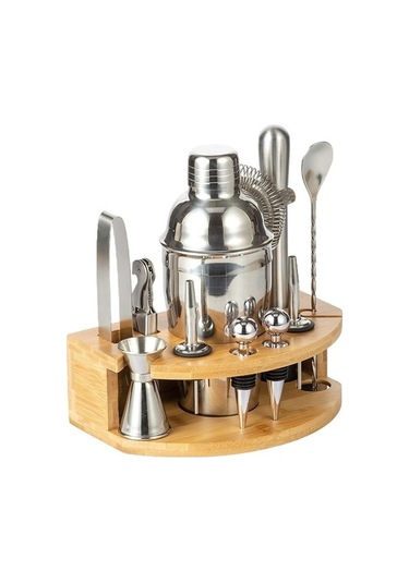 Pazly By-f12 Yarım Daire Ahşap Tabanlı Bar Shaker Seti 550ml Paslanmaz Çelik Ve Bambu İle Etkili Filtre