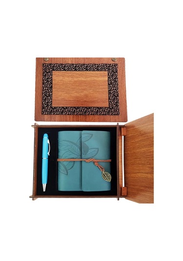 Ahşap Kutulu Mavi Deri Defter Kalem Seti 1 Adet