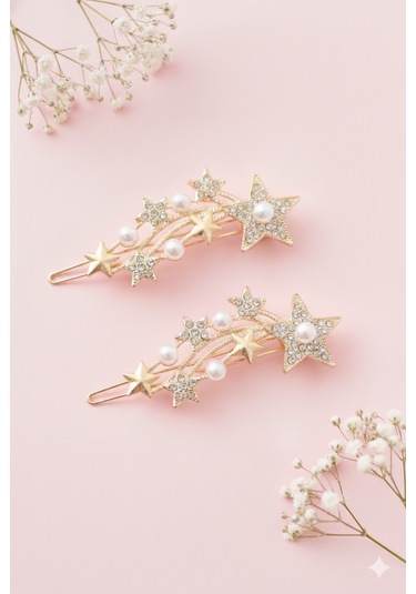 Yıldız Şekilli İnci Detaylı Metal Toka, Metal Klipsli Yıldız İnci Toka 2 Adet Altın