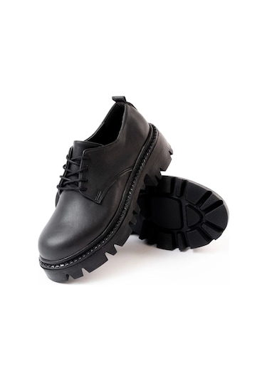 Siyah Bağcıklı Günlük Yüksek Tabanlı Loafer Ayakkabı Siyah