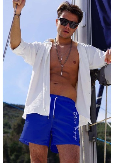 Saks Mavi Su İtici Özellikli Blue Voyage Nakışlı Erkek Plaj Deniz Şort Mayo - 303-saks 001