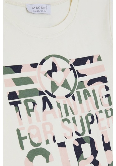 Macawı Kız Çocuk Pijama Takımı Kamuflaj Desenli 3-8 Yaş, Krem-krem Krem