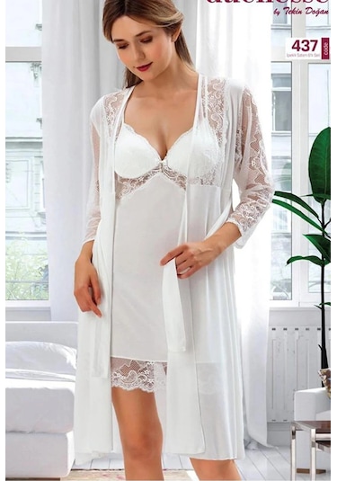 Duchesse Çeyizlik Dantelli Saten 6'lı Set -ekru Pudra