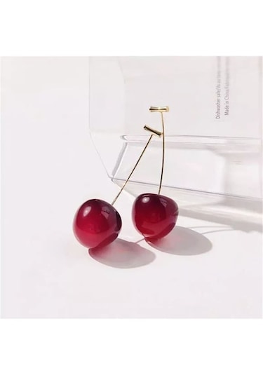 Altın Kaplama Kiraz Cherry Küpe Kırmız - Altın
