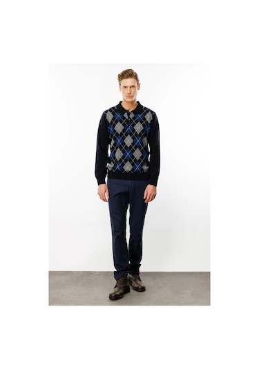 Desen Triko Erkek Polo Yaka Önü Baklava Desenli Yün Kazak 24513 Koyu Lacivert Koyu Lacivert