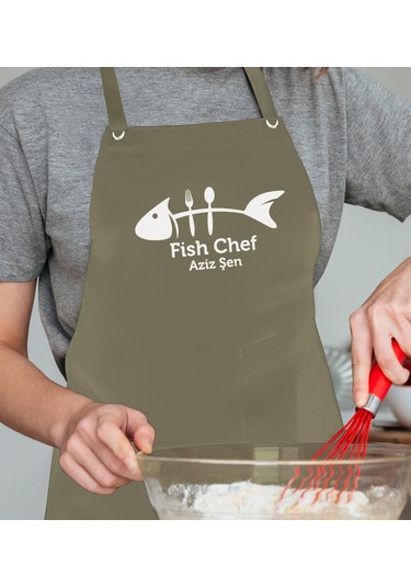 Bk Gift Kişiye Özel Balık Şef Haki Yeşil Profosyonel Önlük - 1, Aşçı Önlüğü, Şef Önlüğü, Babaya