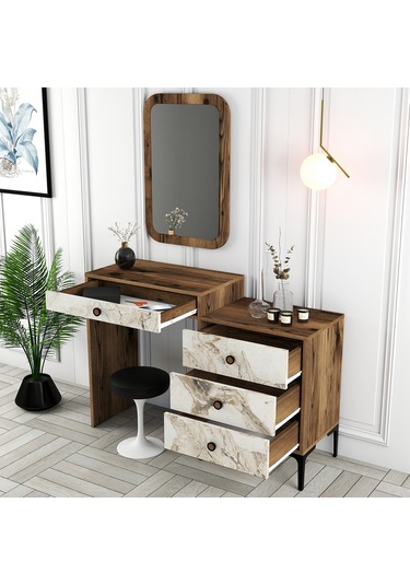 Lizbon Makyaj Masası Aynalı - Ceviz / Beyaz Mermer