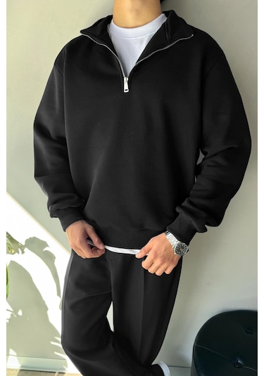 Flaw Half Zip Oversize Polo Yaka Sweatshirt Siyah Sİyah