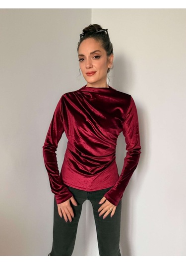 Ali Butik Bordo Balıkçı Yaka Kadife Bluz Bordo