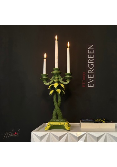 Vintage Yeşil Ve Sarı Palmiye Ağaç Tasarımı 5 Kollu Mumluk El