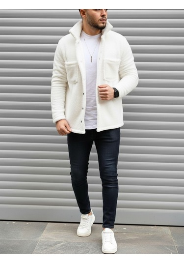 Stıll Giyim Unisex Normal Kalıp Cep Detaylı Düğmeli Pelüş Ceket Beyaz